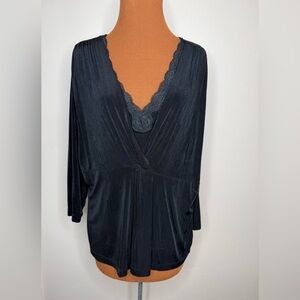 Chico's Travelers Black Ribbed Peplum Overlay Long Sleeve Top Size 3 or XL